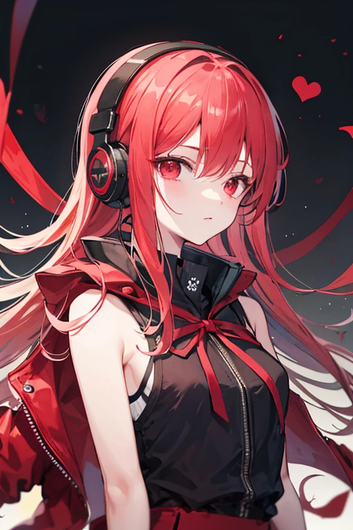 Headphones　Black sleeveless　Red jacket　Shoulder　Red Skirt　Red ribbon　Hair color is black　Red eyes　１People Girl　City of night　Upper Body　１People Girl