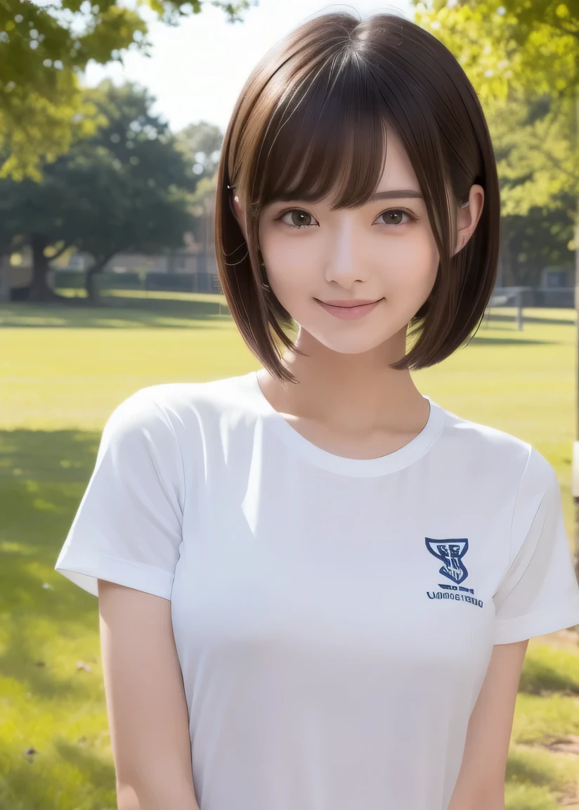 photos in which the body is facing forward, masterpiece,best quality,higher , 1girl, plain shirt, solo, gym uniform, realistic, plain white short_sleeve shirt, (buruma),beautiful face,face focus,(at school ground:1.3), , ((arms at sides down)),((full slender body photo)) ,(Do not enphasize the top of bust), Amazing face and eyes, (silky brown hair, (hime cut hair:1.2)), , , delicate, (Best Quality:1.4), (Ultra-detailed), (extremely detailed beautiful face),, brown eyes, (highly detailed Beautiful face), , (extremely detailed CG unified 8k wallpaper), Highly detailed, High-definition raw color photos, Professional Photography, Realistic portrait, Extremely high resolution, ,, ,,(Photo from the thigh up),  smile, (standing),