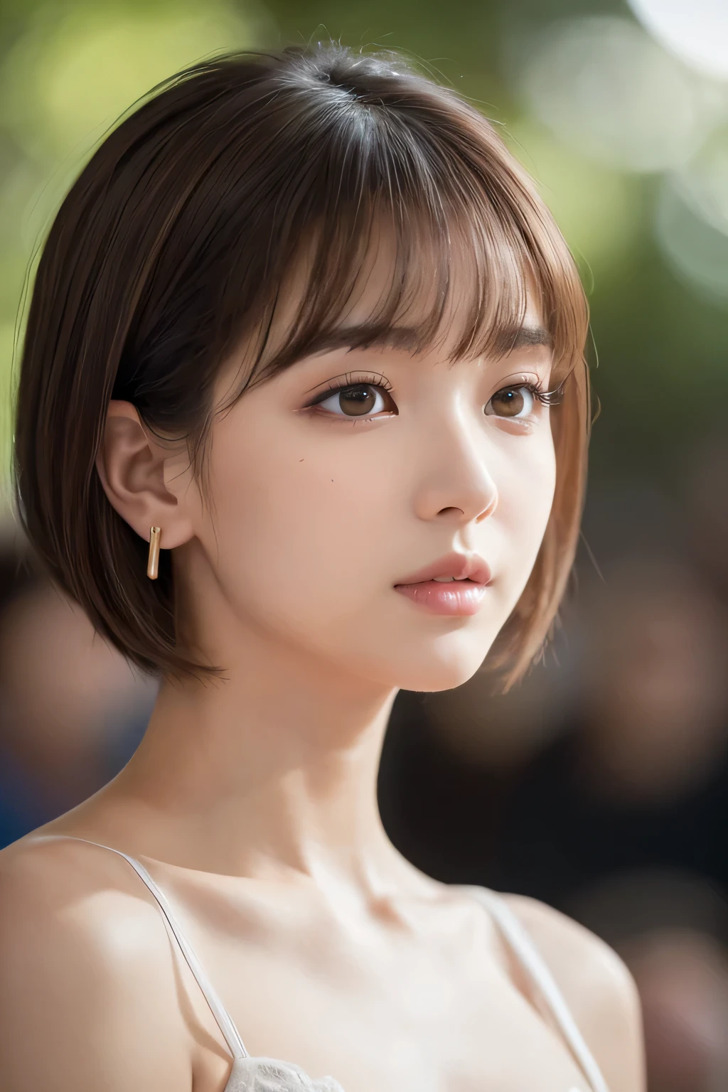 Very detailed、masterpiece、highest quality、Ultra-high resolution energy A、8K High Resolution、Photogenic transparency、Detailed eyes、Gradation、Perfect anatomical figure , Nikon Z9 80mm Lens, Beautiful posture、yes、Browsing Caution、Thin eyebrows、Detailed eyes、Detailed nose、Mouth Details、Fine ears、Golden ratio face、(Waiting for a kiss)、(Curvaceous)、(Ideal ratio)、High definition eyes and feet、Long neck、eyelash、short hair、(((Natural soft light、Show me your ears、Looking at the audience、Captivate your audience、、Eye highlights)))、(Realistic:1.4), Shadow、(Best image quality:1.0), (超A high resolution:1.0), 8k, RAW Photos, (masterpiece:0.2), Curvaceous、(Seductive pose:1.5)、When the light hits your face, that'that'that'It's getting brighter、Geometric background:1.3、dark、Cute girl hair、avert your eyes、(Sheer white loose sleeveless topTshirt、Wet shirt、Loose-fitting clothing、See-through T-shirt、Retro:1.8)、highest quality、Very detailed、High quality details、(Big Breasts:1.8)、(Pink Lips、plump lower lip:1.3)