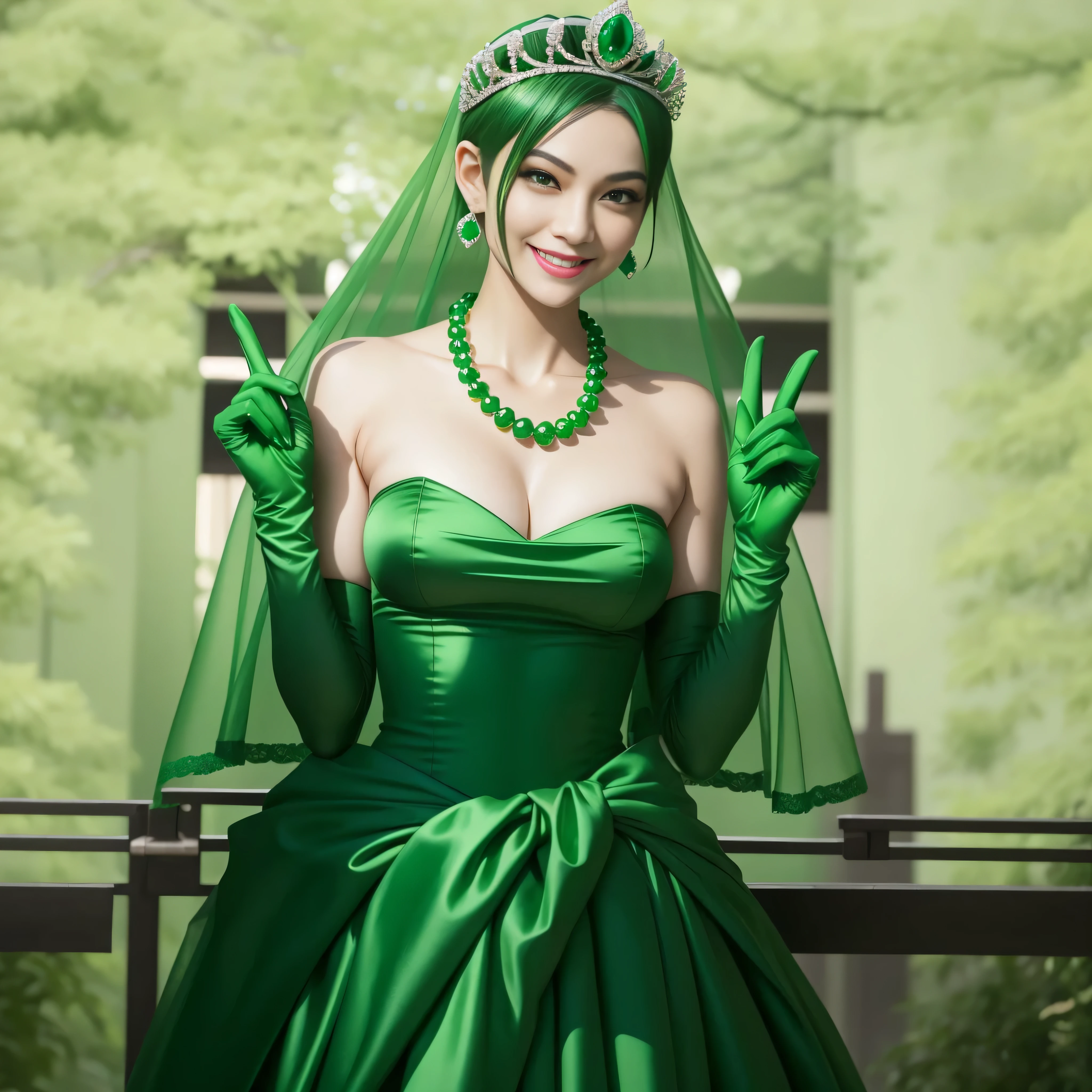 Emerald tiara, Green Pearl Necklace, Boyish very short green hair, lipstick, Smiling Japanese woman, Very short hair, Big tits beautiful, Green Eyes, Long green satin gloves, Green Eyes, Emerald Earrings, Green Veil, v sign