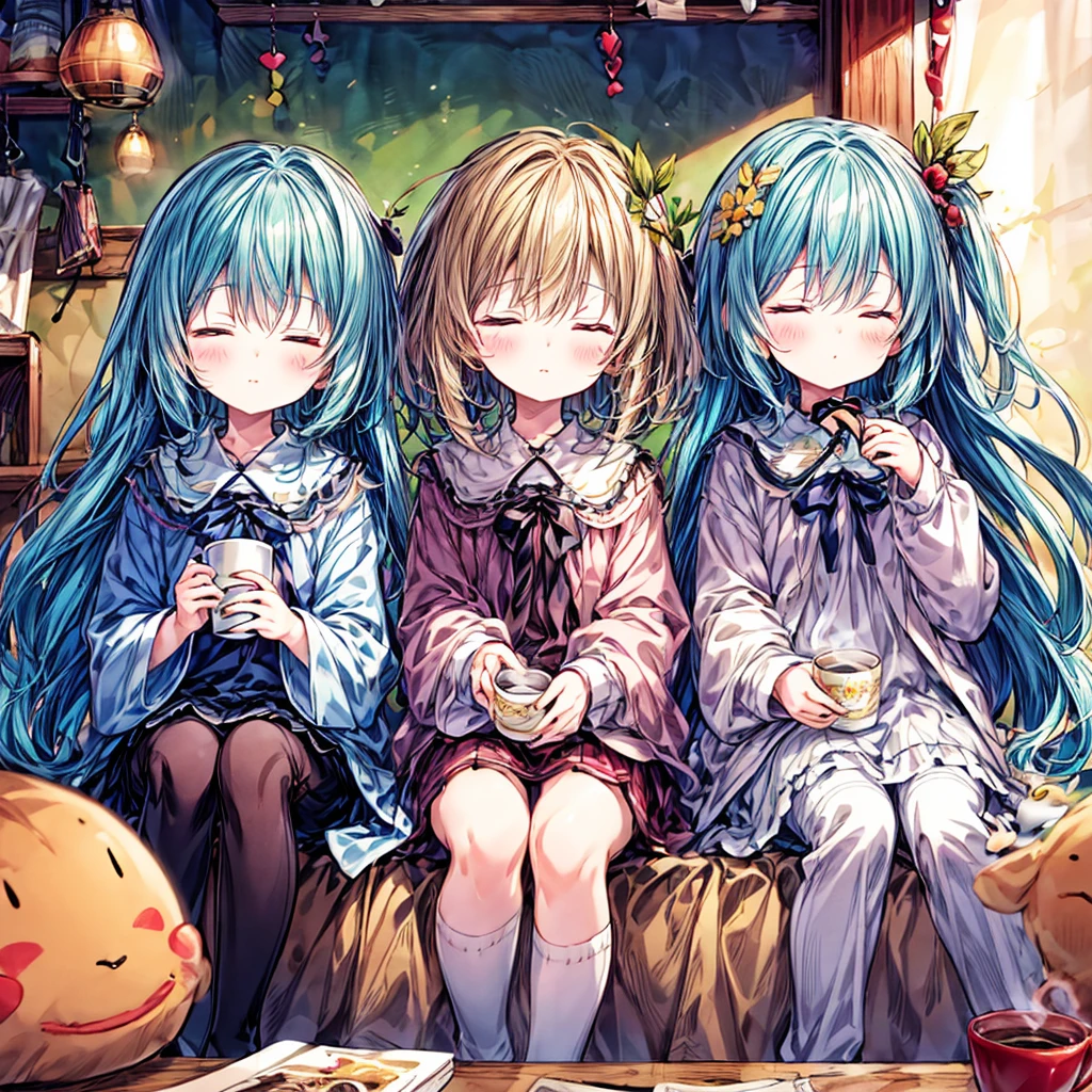 highest quality、Masterpiece、Official Art、16k、super beautiful、Super detailed、Ultra-fine、Disorganized、A warm and cozy world of pastel colors、Cute and fluffy、Chibi sleeping in a coffee cup、I close my eyes and doze off.、