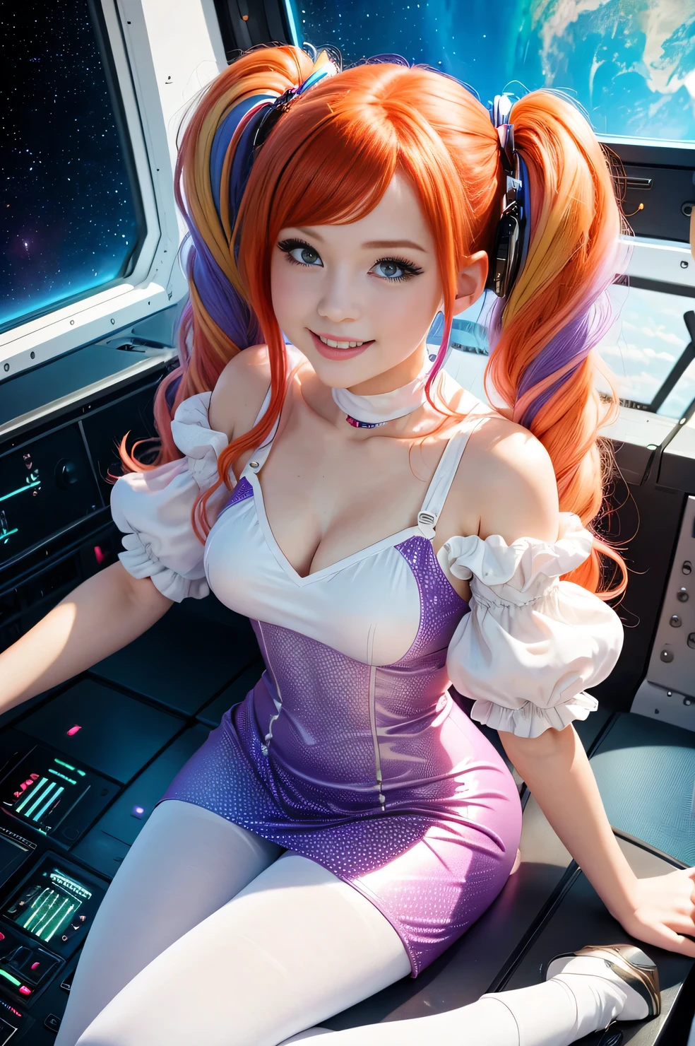 (overhead view) Cute redhead with rainbow colored hair tips, ribbons in her hair, 18-year-old woman, happy, smiling, in twin tails, perfect eyes, clear sparkling blue eyes, pale skin, silky smooth white skin, alabaster skin, flying a fancy metal luxurious space ship, futuristic cockpit, she's a pilot, outer space seen in windows, dark warm lighting, wearing a futuristic dress, low cut top, pleated (chemise) mini dress (pastel rainbow colors, and polka dots), puffy sleeves silk, wearing colorful leggings/tights.