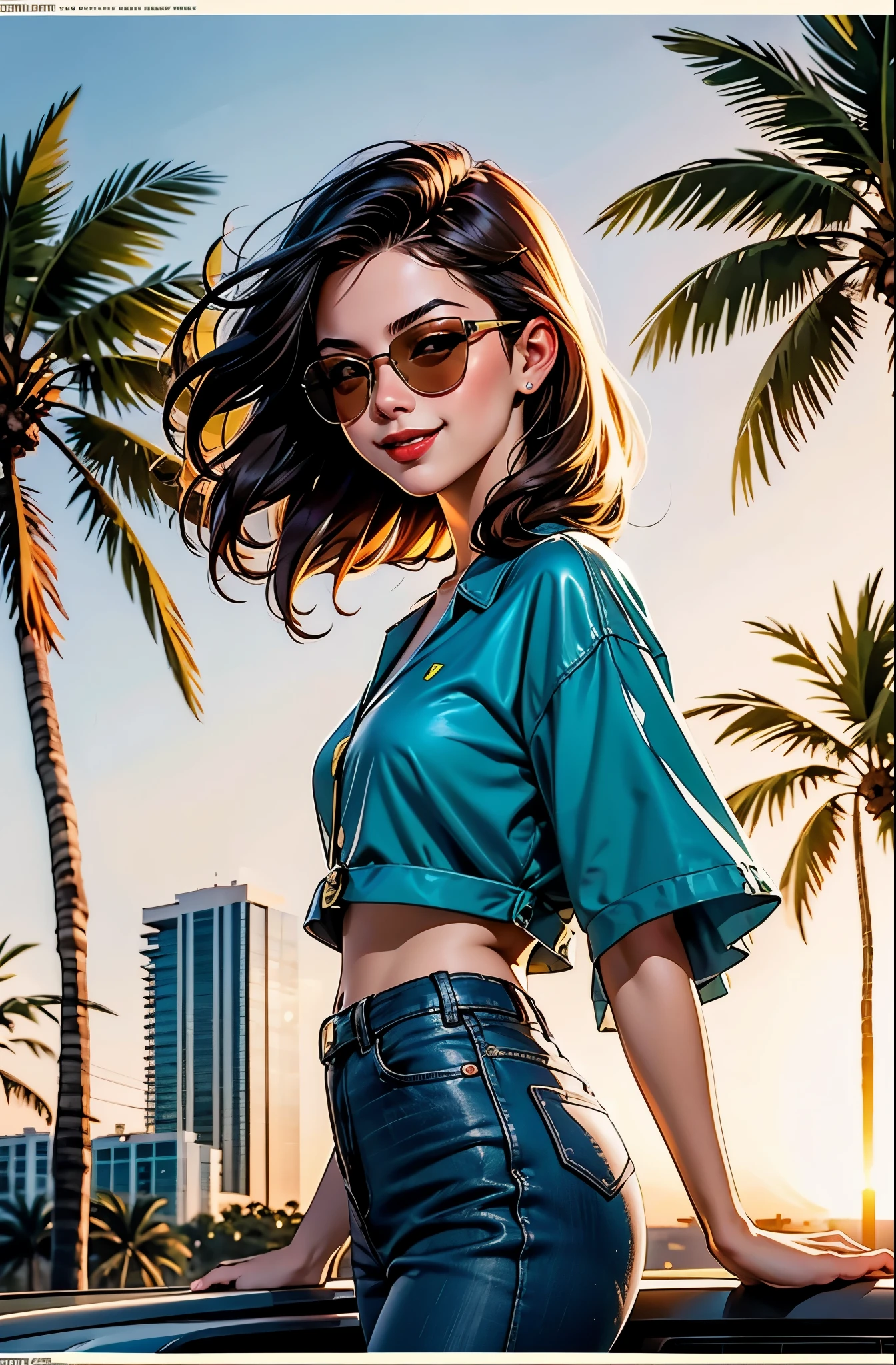 retro 90’s girl, Miami, sunset, Ferrari, palm tree, 90's movie poster, smirk smile, action, dark sunglasses