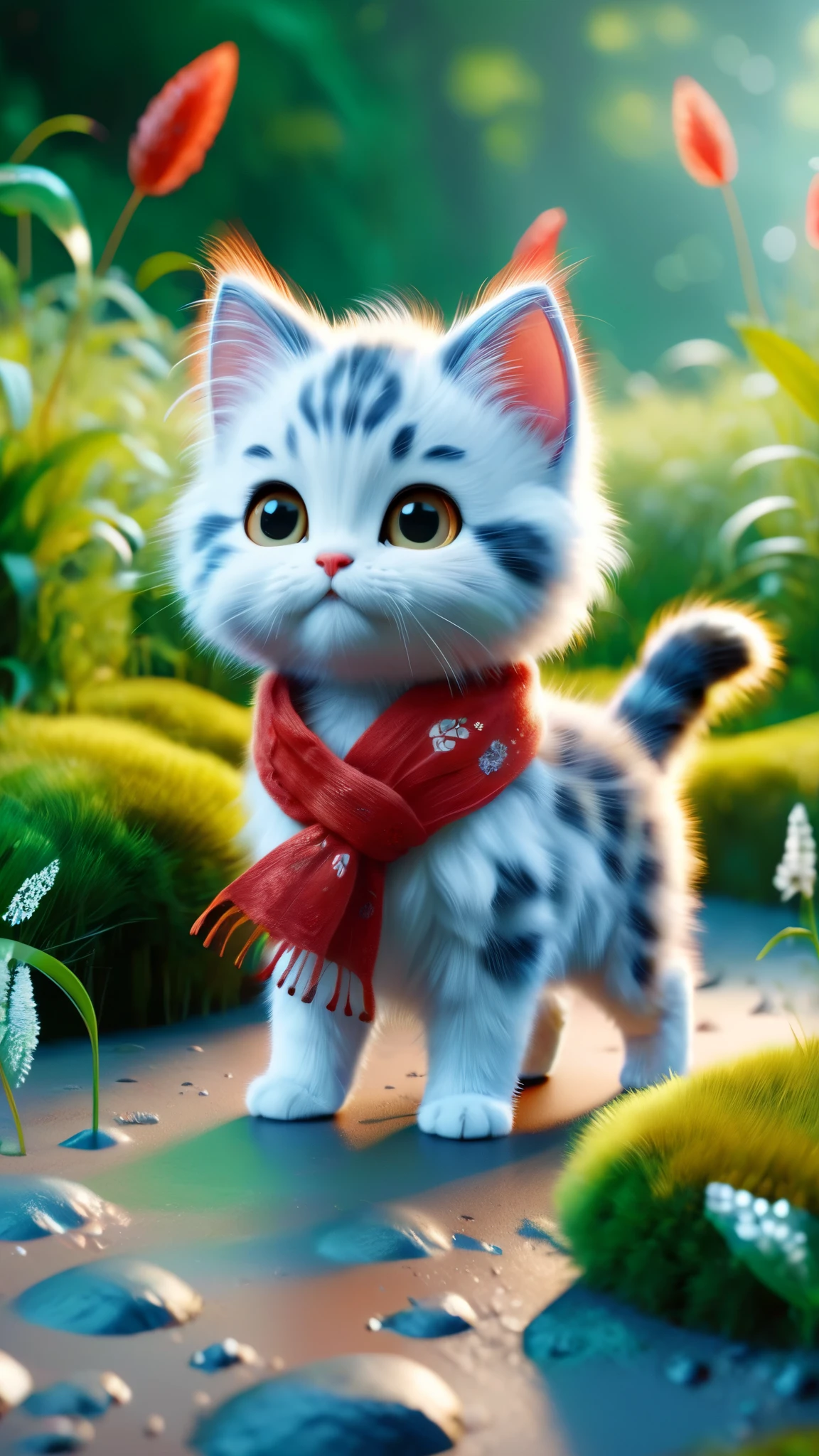 ral-fluff,chibi,masterpiece,best quality,original,official art,1cat,red scarf,grass,blurred background,cartoon rendering,beautiful detailed glow,(detailed ice),beautiful detailed water,and I want the Disney Pixar style in a white background painted by watercolor 3DAnimationStyle,