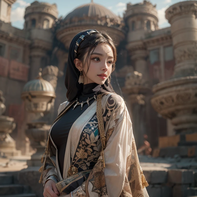 Hide in the desert、Hair flows、 ((highest quality、masterpiece、8k、best image quality、ultra high resolution、Award-winning work)、(accurate ???????:1.1)、(look at me and smile:1.1)、Shining fair skin with ultra high resolution、most detailed face、ultra high resolution detailed face、ultra high resolutionの髪の毛、(ultra high resolutionの煌めく瞳:1.1)、Beautiful face drawn in every detail、(blurred background:1.1)、ancient Islamic clothes, chest together, tattoo, Old ruins in the background、black panther aside