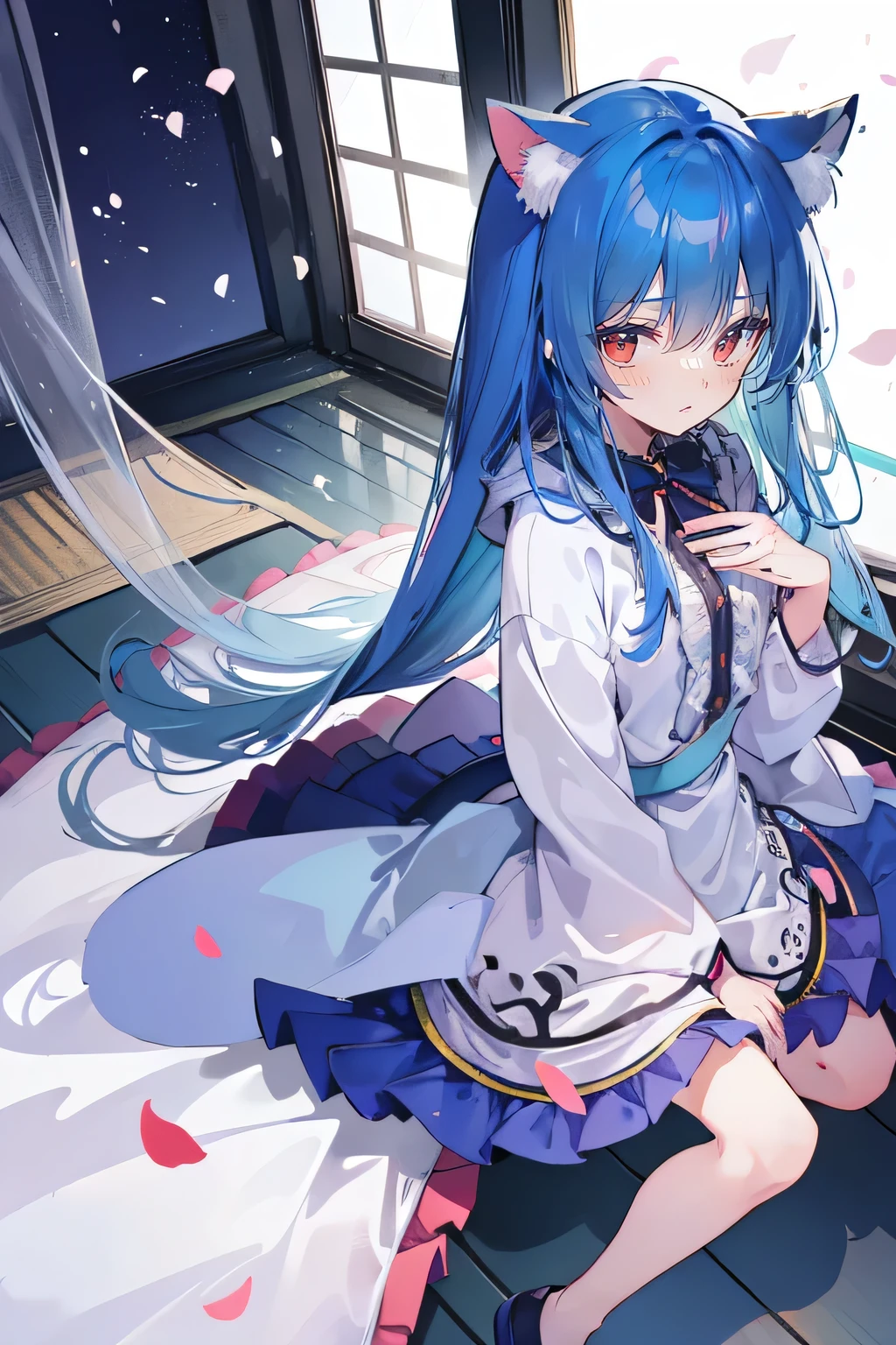 (masterpiece:1.2),Super detailed,lifelike,Expressive eyes,fair skin,perfect face shape,1 girl,
Japanese comics,Gorgeous blue hair,flowing blue hair,flowing clothes,Cat ears,Petals fall,beautiful lola,Baby Angel,
Shaking head with one hand,Cross your legs,Gentle and peaceful background,The pavilion is cool and comfortable,smile, wearing hoodie, background of tokyo,back views,snowing, winter.