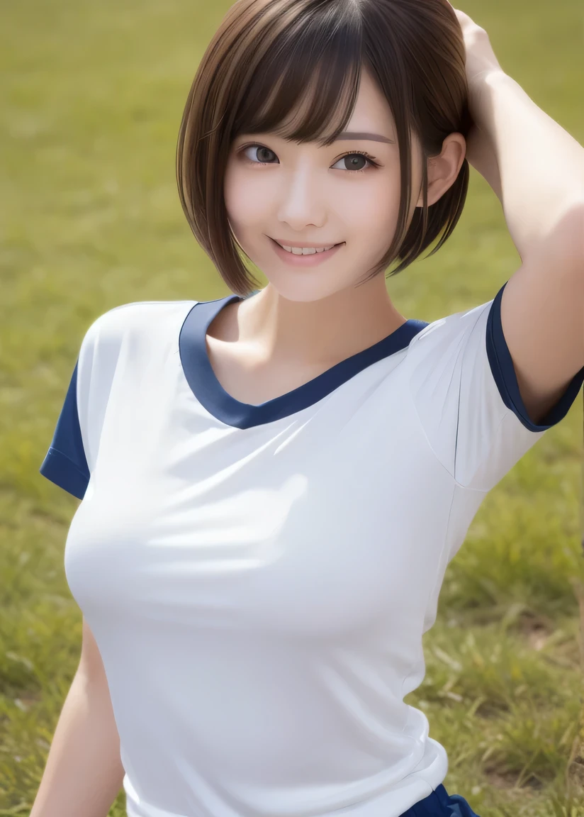 photos in which the body is facing forward, masterpiece,best quality,higher , 1girl, plain shirt, solo, gym uniform, realistic, plain white short_sleeve shirt, (buruma),beautiful face,face focus,(at school ground:1.3), , ((arms at sides down)),((full slender body photo)) ,(Do not enphasize the top of bust), Amazing face and eyes, (silky brown hair, (hime cut hair:1.2)), , , delicate, (Best Quality:1.4), (Ultra-detailed), (extremely detailed beautiful face),, brown eyes, (highly detailed Beautiful face), , (extremely detailed CG unified 8k wallpaper), Highly detailed, High-definition raw color photos, Professional Photography, Realistic portrait, Extremely high resolution, ,, ,,(Photo from the thigh up:1.2), smile, (standing),