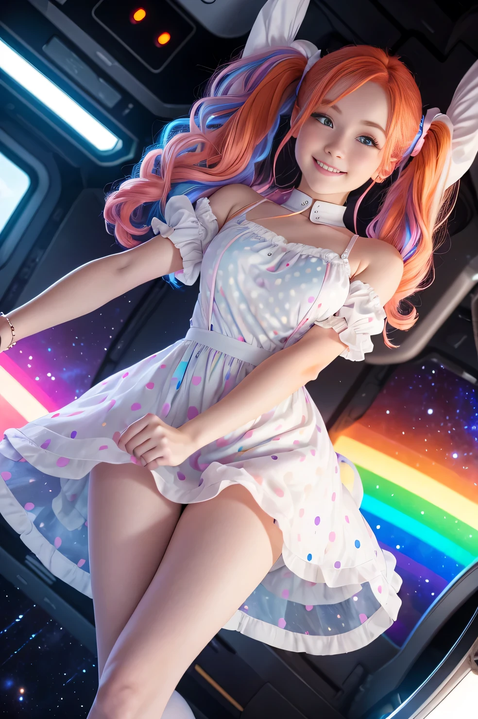 (overhead view) Cute redhead with rainbow colored hair tips, ribbons in her hair, 18-year-old woman, happy, smiling, in twin tails, perfect eyes, clear sparkling blue eyes, pale skin, silky smooth white skin, alabaster skin, flying a fancy metal luxurious space ship, futuristic cockpit, she's a pilot, outer space seen in windows, dark warm lighting, wearing a futuristic dress, low cut top, pleated (chemise) mini dress (pastel rainbow colors, and polka dots), puffy sleeves silk, wearing colorful leggings/tights.