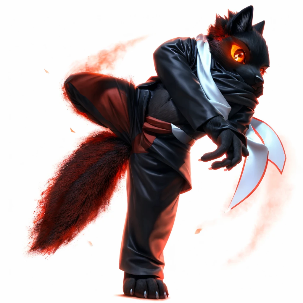 Black anthro wolf, standing with one feet, kicking air, doing a kick fight pose, red wind movement flowing effect behind feet kicking air, wearing black leather jacket (detailed hd muscular black fur chest exposed, detailed hd muscular black fur stomach exposed) (perfect detailed shiny light and shadow on chlotes), wearing white scarf on neck and floating on the right (detailed realistic scarf with perfect light and shadow) (flowing red wind trails behind scarf on the right), wearing black leather modern future pants (perfect detailed shiny light and shadow on pants), right hand on the front chest (finger unwrapped) (detailed black fur hand), left hand close to face (hand covering mouth) (finger unwrapped) (detailed black fur hand), head tilted to right (detailed big orange eyes with red predatory pupil) (flame aura around eyes flowing through wind to the behind head), detailed serious head face expression, detailed hd right feet close to camera, detailed feet paws, detailed hd realistic black fluffy furry tail under the feet (add some light), hd quality, 4k quality, perfect light, perfect shadow, detailed feet paws close up, detailed white nails, detailed white claws, red light effect from the back,