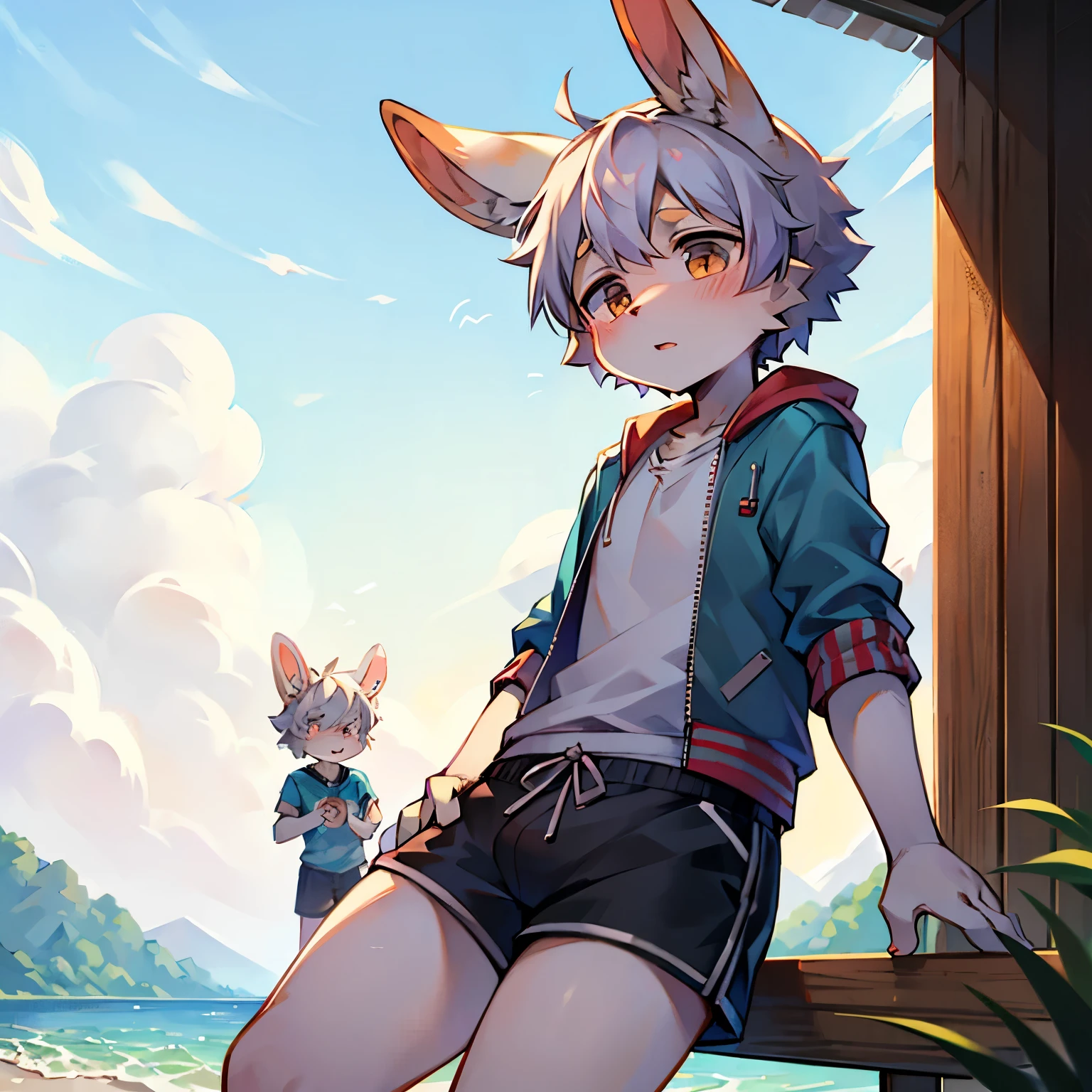 bunny boy,Lop-eared rabbit,furry men,Sickly,Cute appearance,Short stature,Characteristics of three-year-old boy,Summer short sleeves with jacket,Shorts don't stand out
