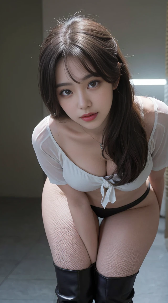 （best quality，high resolution，representative work:1.1），Extremely sexy and beautiful Korean woman，(((tall and big，Small waist and hourglass figure，Perfect curve proportions)))，(((Wearing a mesh ripped chiffon shirt with exposed chest，Visible bare skin)))，Large breasts accentuate her cleavage，(((Close-up highlights her genitals：1.2)))，With knee-high leather boots，Tie your hair into a stylish bun，Show your neck，Beauty as seen by the eyes，Face me，graceful standing posture，sweet smile，Mainly front view，View from above the knee。