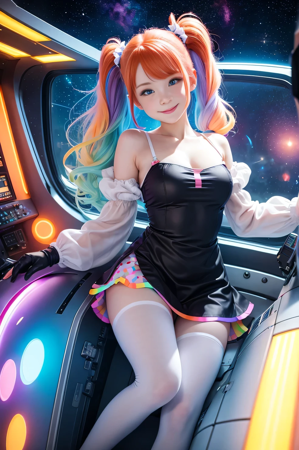 (overhead view) Cute redhead with rainbow colored hair tips, ribbons in her hair, 18-year-old woman, happy, smiling, in twin tails, perfect eyes, clear sparkling blue eyes, pale skin, silky smooth white skin, alabaster skin, flying a fancy metal luxurious space ship, futuristic cockpit, she's a pilot, outer space seen in windows, dark warm lighting, wearing a futuristic dress, low cut top, pleated (chemise) mini dress (pastel rainbow colors, and polka dots), puffy sleeves silk, wearing colorful leggings/tights.