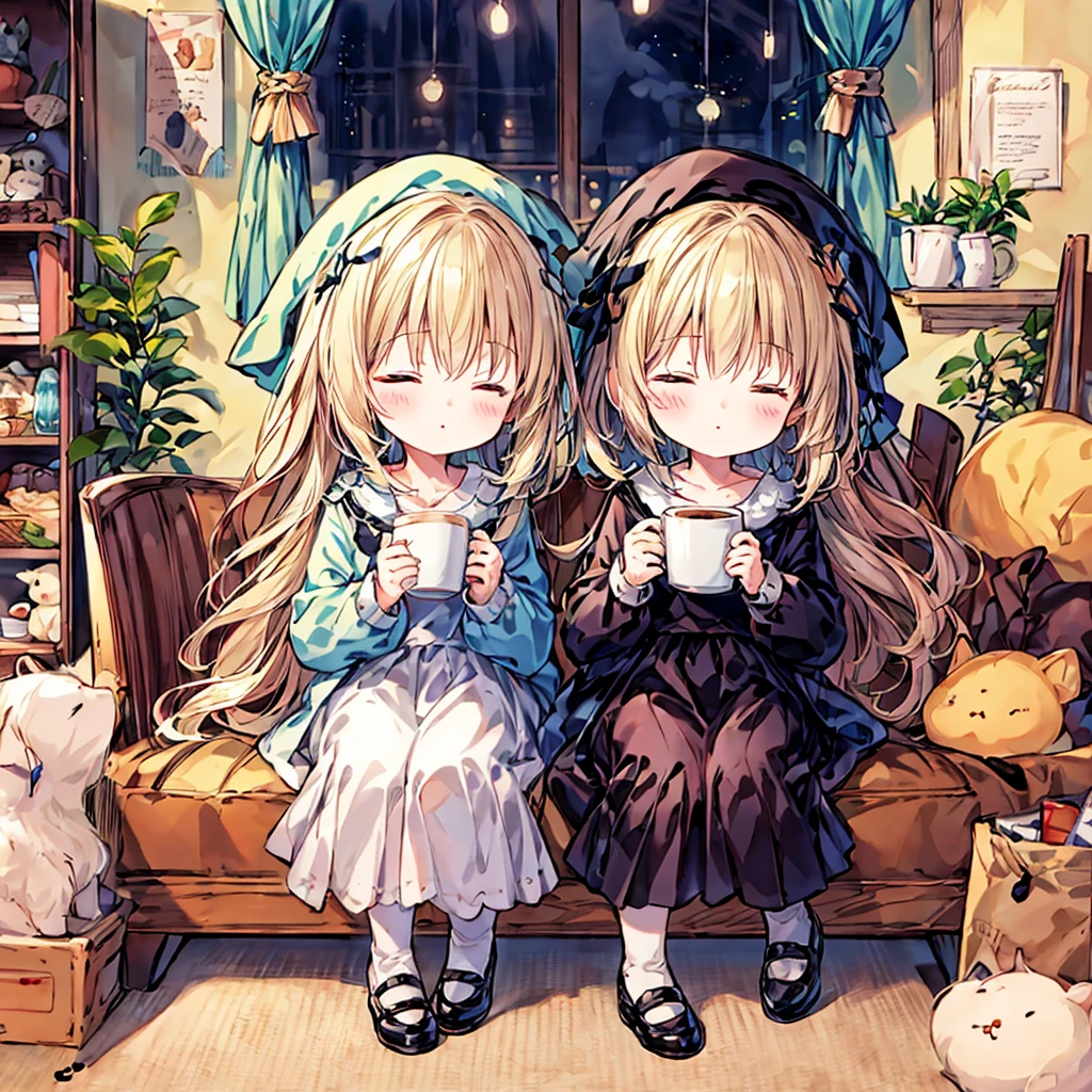 highest quality、Masterpiece、Official Art、16k、super beautiful、Super detailed、Ultra-fine、Disorganized、A warm and cozy world of pastel colors、Cute and fluffy、Chibi sleeping in a coffee cup、I close my eyes and doze off.、