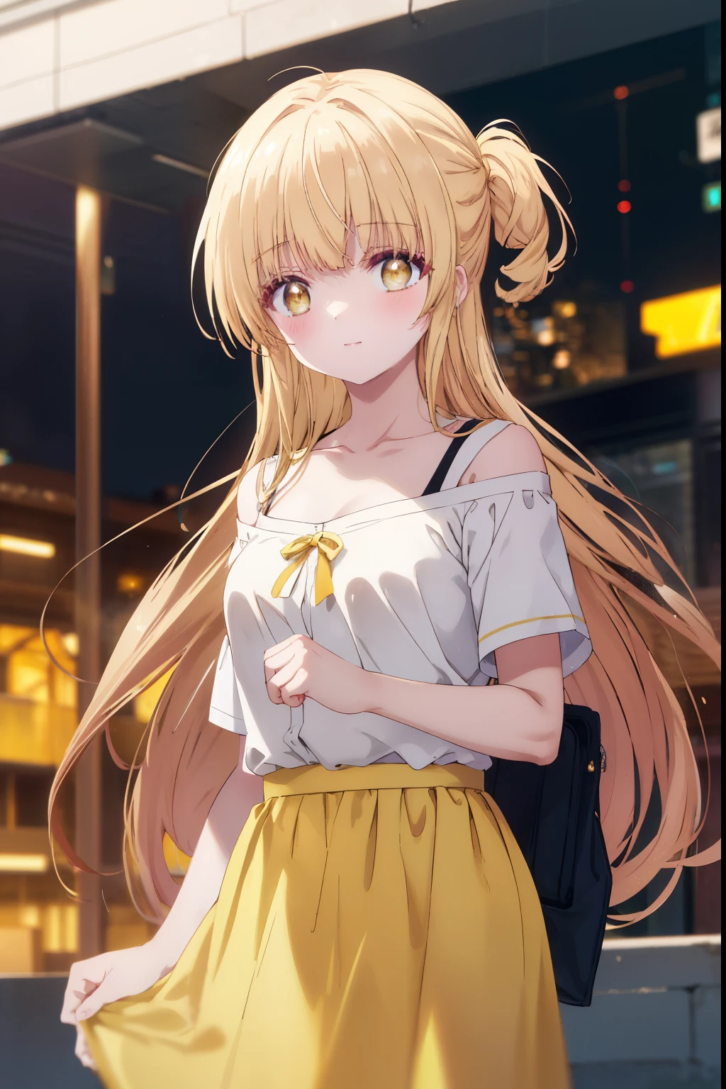 mahirushiina, Mahiru shiina, bangs, Blonde, Brown Hair, (Yellow Eyes:1.3)Straight long hair,,blush,smile,Bare neck,bare clavicle,Exposing shoulders,Short sleeves and long black skirt,:Carrying 1 on your shoulders,Daytime,Showing armpits、座っていて太もも誘惑される
break outdoors,city,
break looking at viewer,Delete from top,whole body, (Cowboy Shot:1.5),
break (masterpiece:1.2), highest quality, High resolution, unity 8k wallpaper, (shape:0.8), (Fine and beautiful eyes:1.6), Highly detailed face, Perfect lighting, Highly detailed CG, (Perfect hands, Perfect Anatomy),