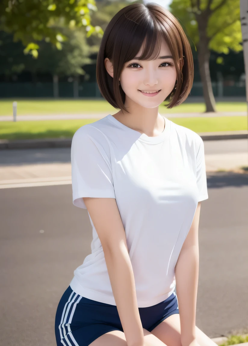 photos in which the body is facing forward, masterpiece,best quality,higher , 1girl, plain shirt, solo, gym uniform, realistic, plain white short_sleeve shirt, (buruma),beautiful face,face focus,(at school ground:1.3), , ((arms at sides down)),((full slender body photo)) ,(Do not enphasize the top of bust), Amazing face and eyes, (silky brown hair, (hime cut hair:1.2)), , , delicate, (Best Quality:1.4), (Ultra-detailed), (extremely detailed beautiful face),, brown eyes, (highly detailed Beautiful face), , (extremely detailed CG unified 8k wallpaper), Highly detailed, High-definition raw color photos, Professional Photography, Realistic portrait, Extremely high resolution, ,, ,,(Photo from the thigh up:1.2), smile, (standing),((arms at sides down)),