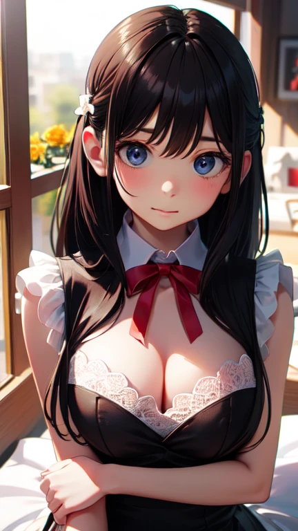 masterpiece, highest quality, One Girl, Thighs, beautiful girl, Flowers, たくさんの小さなflowerびら, flower、Small waist, RAWphotograph,Bright lighting、Face Light, Ultra-realistic, High resolution, photograph, Sharp focus, Highly detailed eyes and face,Symmetrical face, whole body、Large Breasts、Long Hair、チラリと見えるThighs、Cleavage、Red Micro andals、White lace shirt、Sleeveless、Her hair was tied with a big red ribbon、White high heels