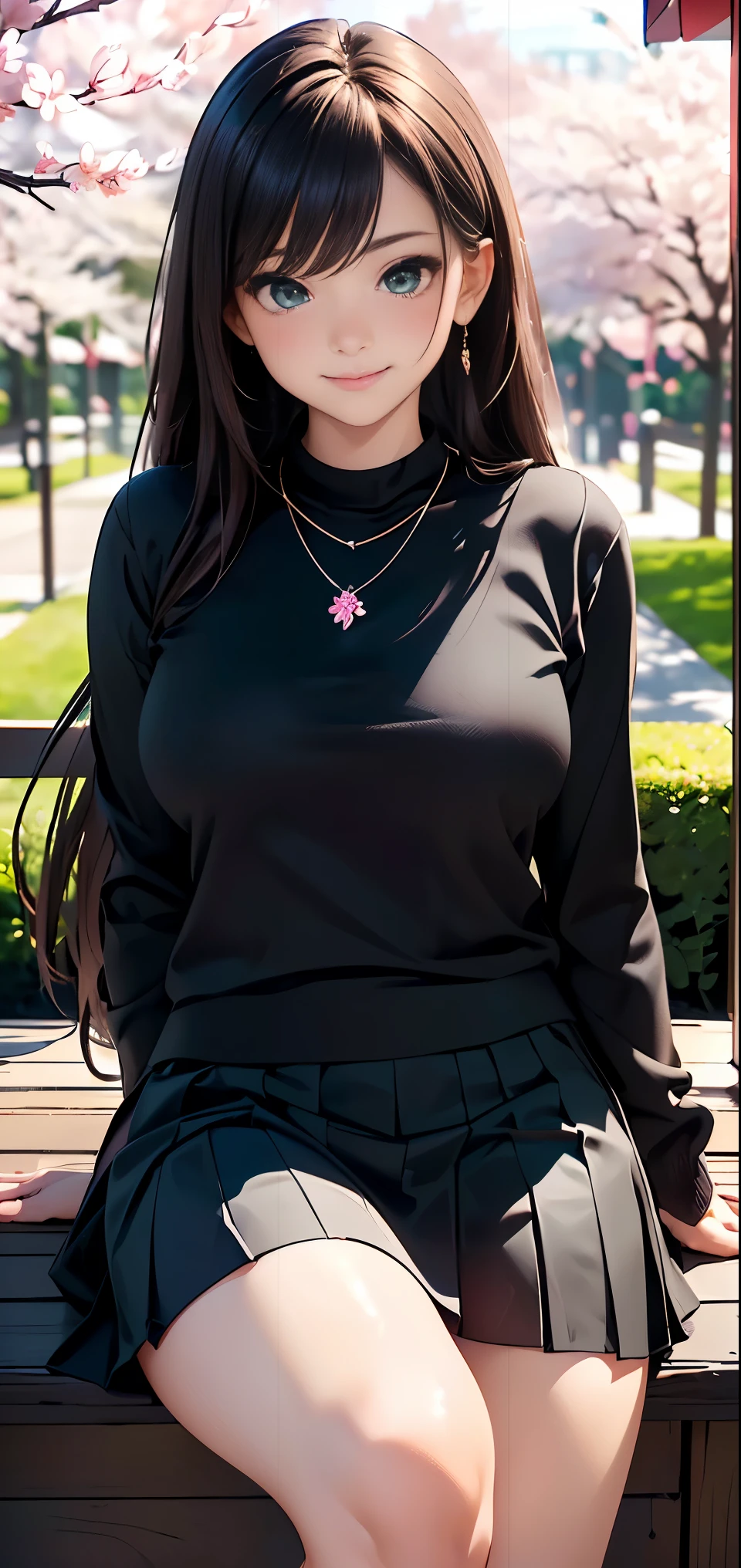 ((Tabletop, highest quality, High resolution, Hmph, Perfect Pixel, Written boundary depth, 4K, Hmph, Hmph))), 1 girl, single, alone, Beautiful Anime Girls, Beautiful art style, Anime characters, ((Long Hair, bangs, Brown Hair)), ((Green Eyes:1.4, Round eyes, Beautiful eyelashes, Realistic eyes)), ((Detailed face, blush:1.2)), ((Smooth texture:0.75, Realistic texture:0.65, Realistic:1.1, Anime CG Style)),  Dynamic Angle, ((Black sweater, Long sleeve, Black Skirt, Checked skirt, Stylish, 1 diamond necklace)), smile,  amusement park, ((cherry blossoms, cherry blossomsの花が散る))
