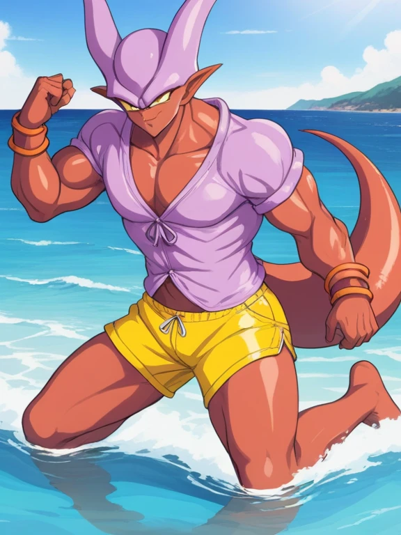 Janemba wear swim shorts, playing on the sea