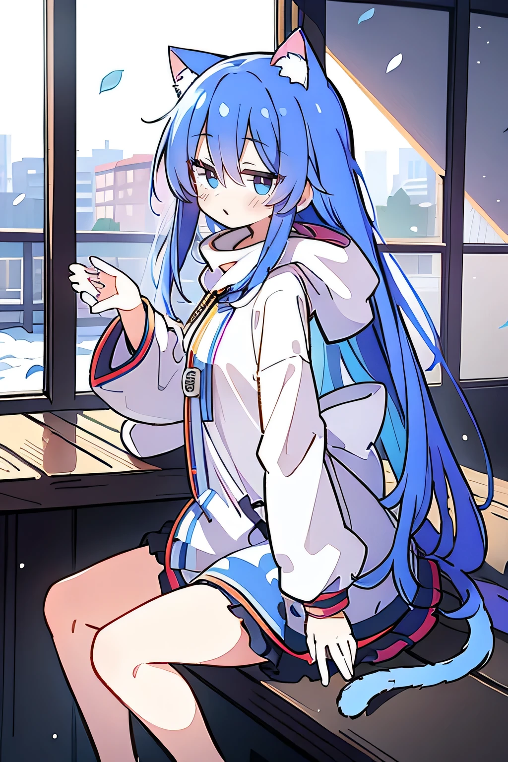 (masterpiece:1.2),Super detailed,lifelike,Expressive eyes,fair skin,perfect face shape,1 girl,
Japanese comics,Gorgeous blue hair,flowing blue hair,flowing clothes,Cat ears,Petals fall,beautiful lola,Baby Angel,
Shaking head with one hand,Cross your legs,Gentle and peaceful background,The pavilion is cool and comfortable,smile, wearing hoodie, background of tokyo,back views,snowing, winter.