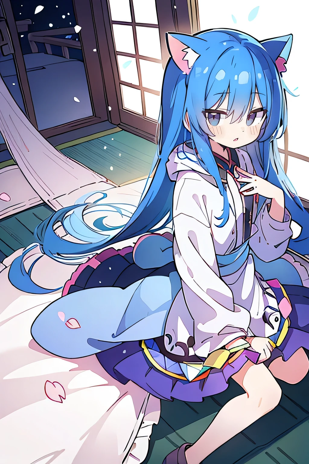 （masterpiece：1.2），Super detailed，lifelike，Expressive eyes，fair skin，perfect face shape，1 girl，
Japanese comics,Gorgeous blue hair,flowing blue hair,flowing clothes,Cat ears,Petals fall,beautiful lola,Baby Angel,
Shaking head with one hand，Cross your legs，Gentle and peaceful background，The pavilion is cool and comfortable,smile, wearing hoodie, background of tokyo,back views,snowing, winter.