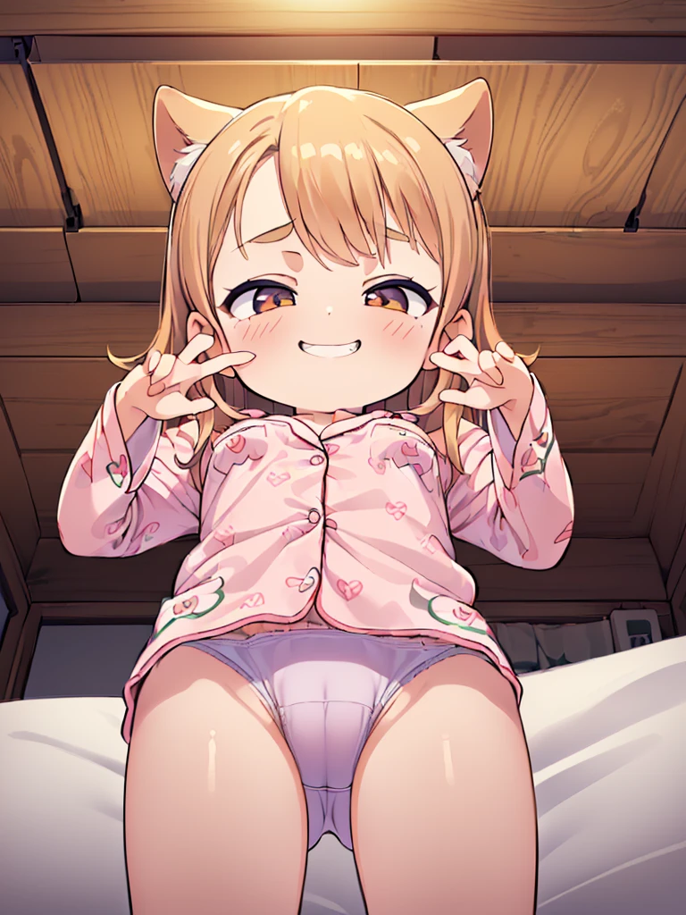 (masterpiece:1.3), (ultra detailed:1.2), (1girl:1.8), (bed room:1.5), (cowboy shot, from below:1.5),
s, random hair,
(baby face, cute face:1.4), (smile, grin:1.2), (small breast:1.3), (breath, steam:1.2), (face detailed, body detailed:1.6), (pajama:1.5), (pajama detailed:1.7), (looking at viewer:1.2), (cameltoe:1.2)