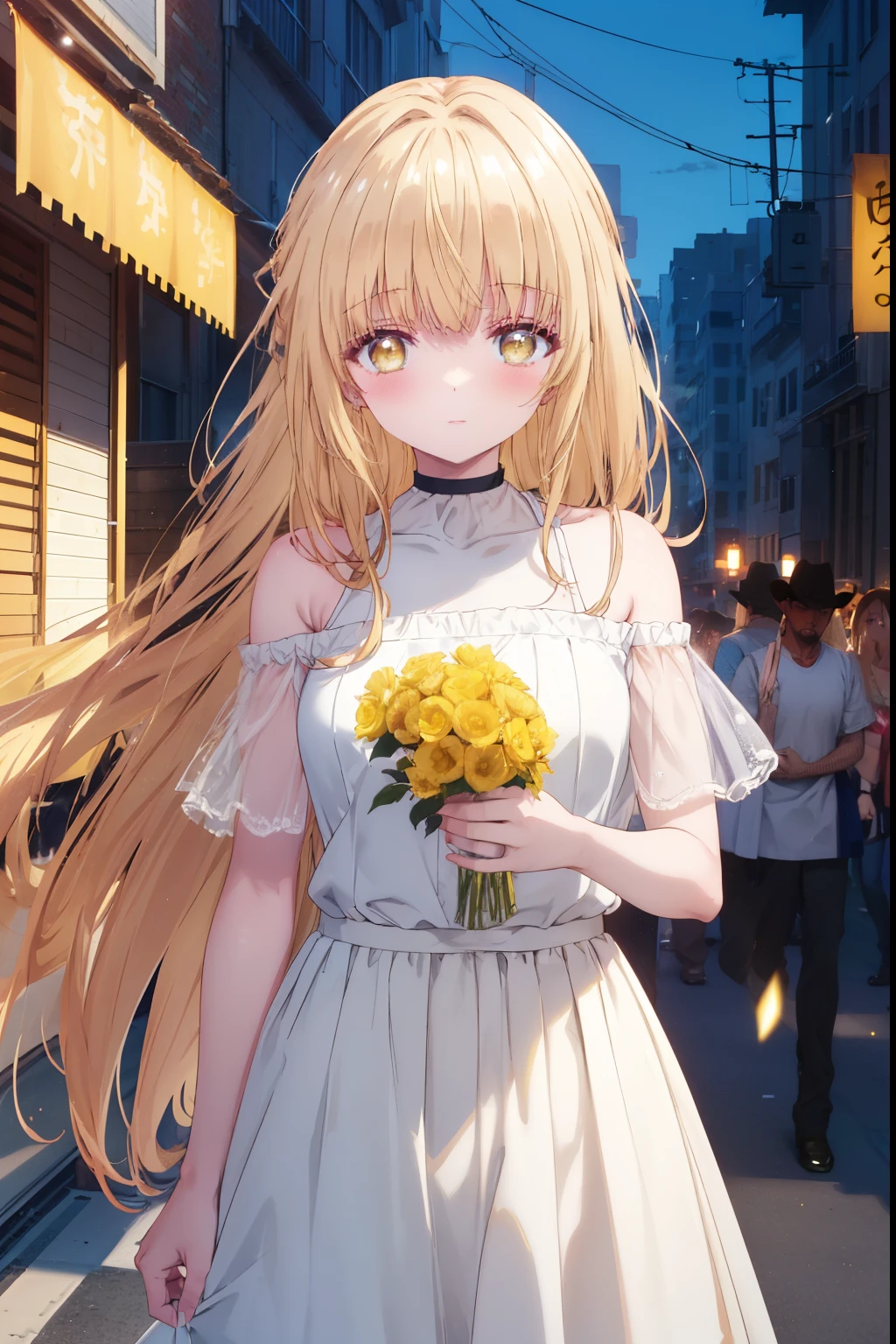 mahirushiina, Mahiru shiina, bangs, Blonde, Brown Hair, (Yellow Eyes:1.3)Straight long hair,,blush,smile,Bare neck,bare clavicle,Exposing shoulders,Short sleeve、Black long skirt,:Carrying 1 on your shoulders,Daytime,Showing armpits outdoors,city,
looking at viewer,Delete from top,whole body, (Cowboy Shot:1.5),
break (masterpiece:1.2), highest quality, High resolution, unity 8k wallpaper, (shape:0.8), (Fine and beautiful eyes:1.6), Highly detailed face, Perfect lighting, Highly detailed CG, (Perfect hands, Perfect Anatomy),