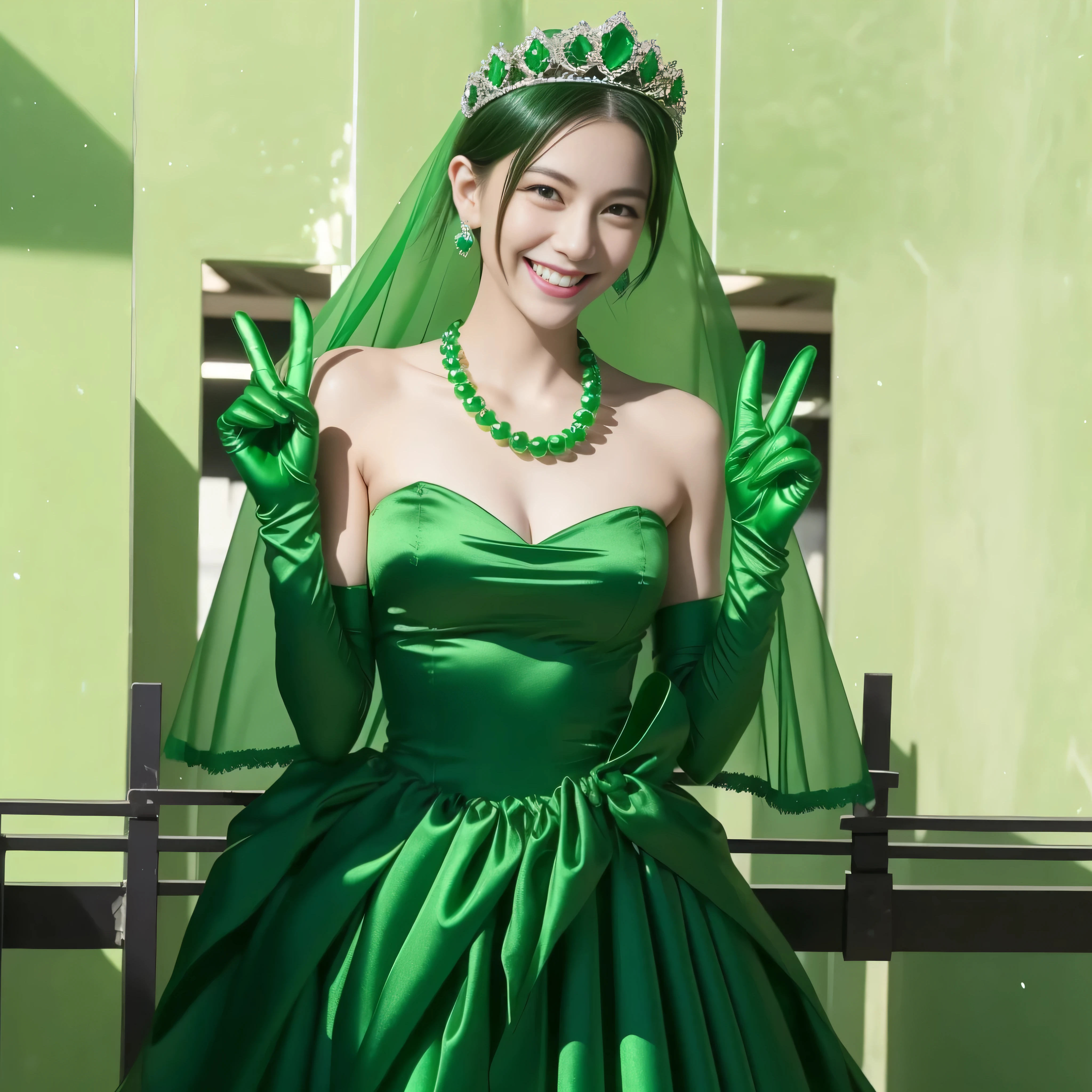 Emerald tiara, Green Pearl Necklace, Boyish very short green hair, lipstick, Smiling Japanese woman, Very short hair, Big tits beautiful, Green Eyes, Long green satin gloves, Green Eyes, Emerald Earrings, Green Veil, v sign
