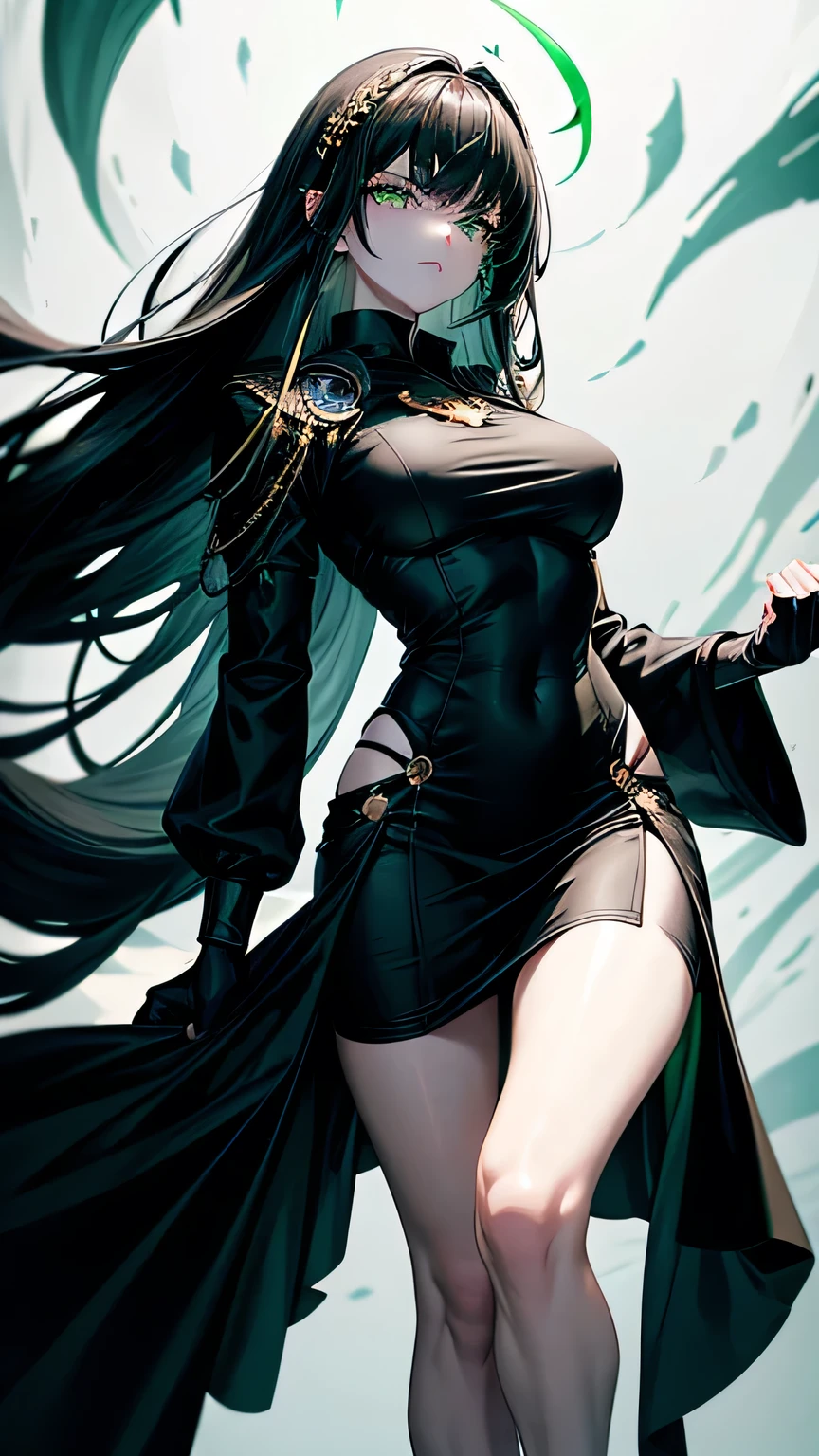 Floating eyeballs and green floating hands. Zombielike sleepy 18 year old woman with pale white skin, long smooth silk black hair with really long black bangs covering her right eye, sharp glowing green emerald eyes with bags underneath, a muscularly lean and slim body, wearing a black, gold and white war dress with a black hoodie, holding black surgical knives, standing in a white background. War surgeon. Disease goddess. Fullbody. Muscular arms and muscular defined legs. Green eyes. Mature. Exhausted eyes. Black gloves. Floating green eyes and floating green hands. Right eye is not visible. gold accesories. Long black skirt. Black fog and green smoke. Green blackhalo. Character design. Fullbody. Assassin and mage. 