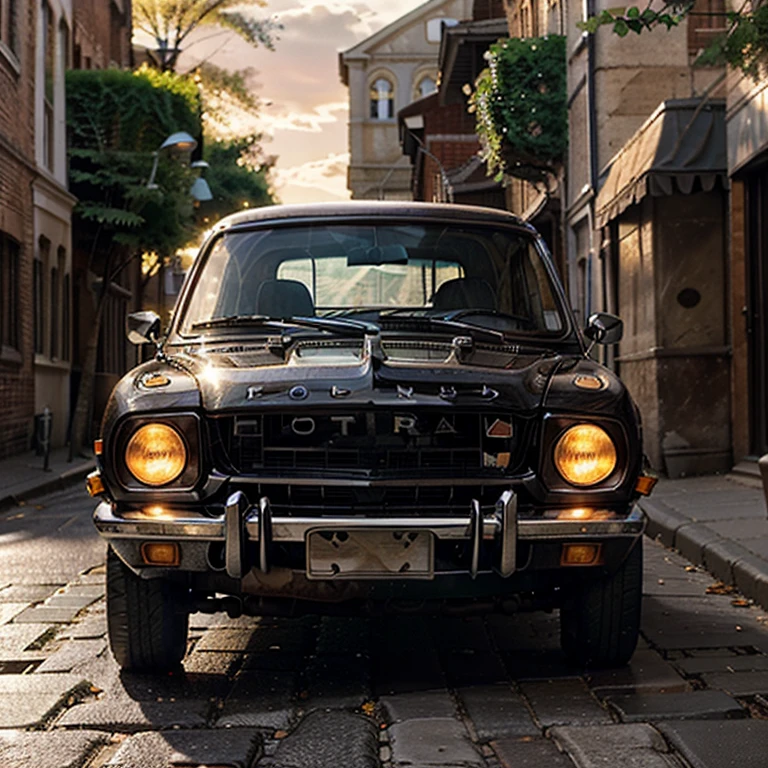 1974 Ford Escort, impeccably preserved, parked on cobblestone street next to old brick buildings with ivy, soft glow of sunset reflecting off polished chrome surfaces, capturing classic charm, sepia tones, high dynamic range photography, depth of field capturing attention on car, hint of lens flare, vintage aesthetic, UHD drawing