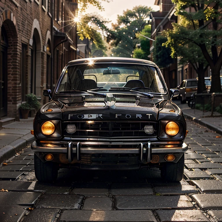 1974 Ford Escort, impeccably preserved, parked on cobblestone street next to old brick buildings with ivy, soft glow of sunset reflecting off polished chrome surfaces, capturing classic charm, sepia tones, high dynamic range photography, depth of field capturing attention on car, hint of lens flare, vintage aesthetic, UHD drawing