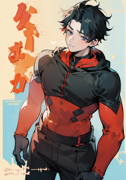((Masterpiece, Best Quality, 2d, anime)), (1 boy, Solo: 2), itadori, itadori_yuuji, black hair, red hoodie, open hoodie, hoodie off, blue eyes, Illustration, comic cover,