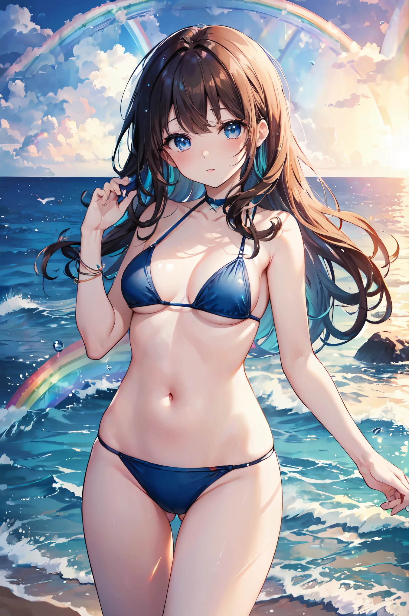 (((masterpiece、high resolution、high quality、Delicate、Ultra-high resolution、8k)))One female、Brown Hair、Curly Hair、Blue Eyes、Dense lips、Glowing Skin、Micro Bikini、BREAK,Ocean、beach、fish、water droplets、(There is a rainbow:1.5)🌈、evening、Sunset