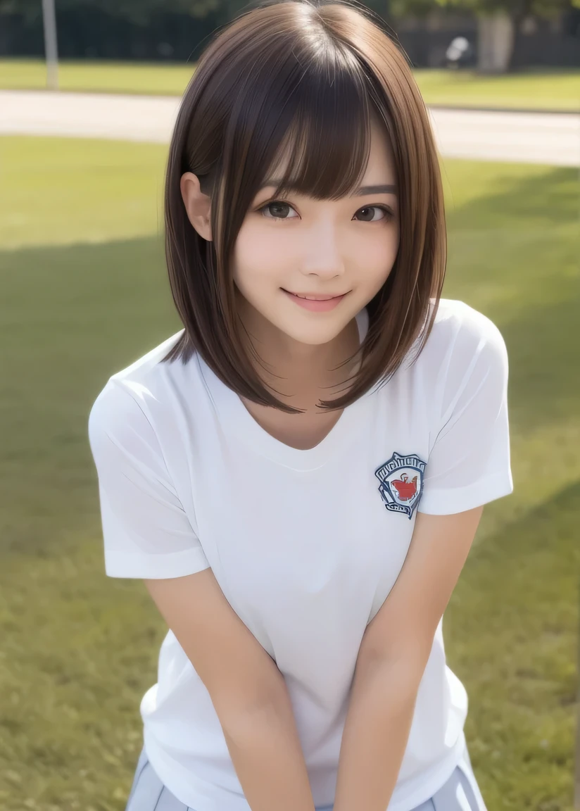 ((small breast)), Tight waist, , , bangs, photos in which the body is facing forward, masterpiece,best quality,higher , 1girl, plain shirt, solo, gym uniform, realistic, plain white short_sleeve shirt, (buruma),beautiful face,face focus,(at school ground:1.3), ,full slender body photo ,(Do not enphasize the top of bust), Amazing face and eyes, (silky brown hair, (hime cut hair:1.2)), , , delicate, (Best Quality:1.4), (Ultra-detailed), (extremely detailed beautiful face),, brown eyes, (highly detailed Beautiful face), , (extremely detailed CG unified 8k wallpaper), Highly detailed, High-definition raw color photos, Professional Photography, Realistic portrait, Extremely high resolution, ,, ,,(Photo from the thigh up:1.2), smile, (standing),((arms at sides down)),