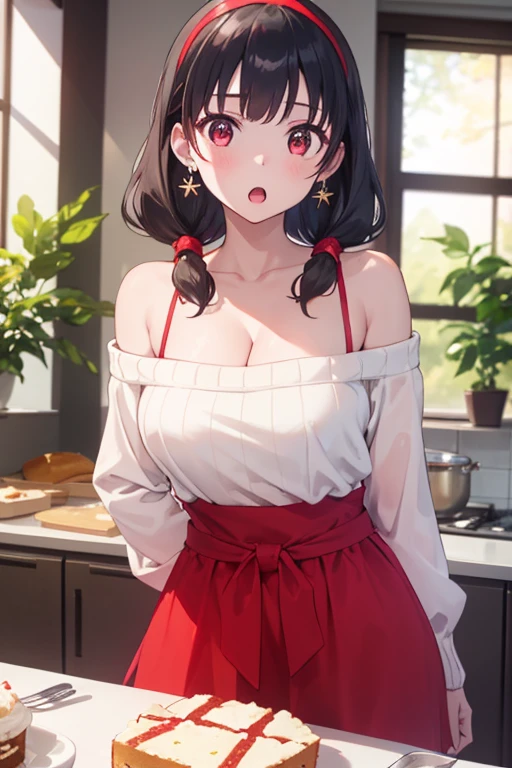 masterpiece, 1girl, Amazing Cleavage:1.3, thin waist, big ass, Raised sexy, medium breast:1.3,posed cleavage:1.2,solo, looking at viewer, open mouth, have a cup of coffee,black hair, red eyes, dress, bare shoulders, jewelry, collarbone, sidelocks, hairband, earrings, indoors, off shoulder, :o, sweater, arms behind back, plant, short hair with long locks, white hairband, off-shoulder dress, sweater dress, off-shoulder sweater, red sweater, big side hair, very long side hair,is rendered in (masterpiece: 1.2, best quality), with (ultra high resolution) and an exquisite (depth of field). This masterpiece is not only visually stunning but also tells, make of cooking some cakes ,in the kitchen 
