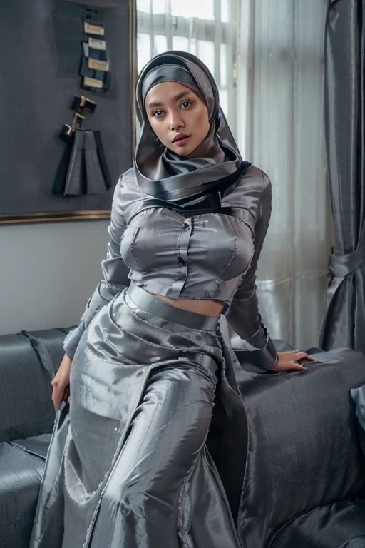 ((Masterpiece, best quality, photography, detailed skin, realistic, photo-realistic, 8k, highly detailed, full length frame, High detail RAW color art, diffused soft lighting, shallow depth of field, sharp focus, hyperrealism, cinematic lighting, hijab, a woman in a beautifully makeup, beautiful big eyes, long eye lashes, wearing (Dark blue satin hijab), ((Gray satin office attire shirt and maxi long skirts)), wide hips, large breast, leaning on sofa, luxury hotel room