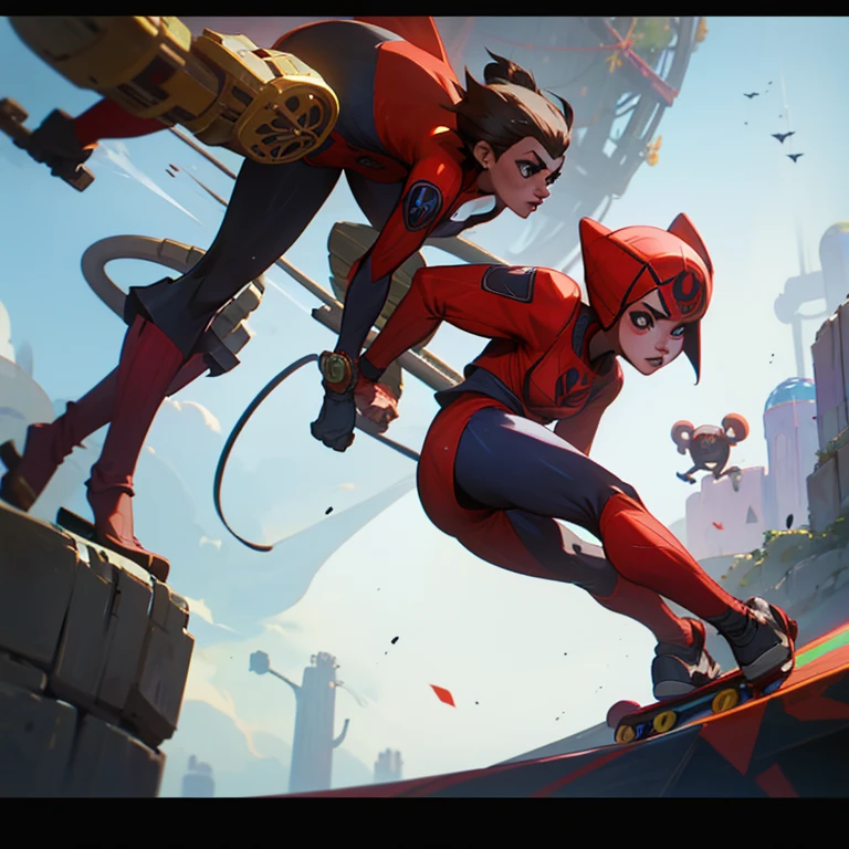A girl with an animal monkey suit as a super hero like Spider-Man, like the suit but with a puck or gothic type short hair monkey Walking on a skateboard