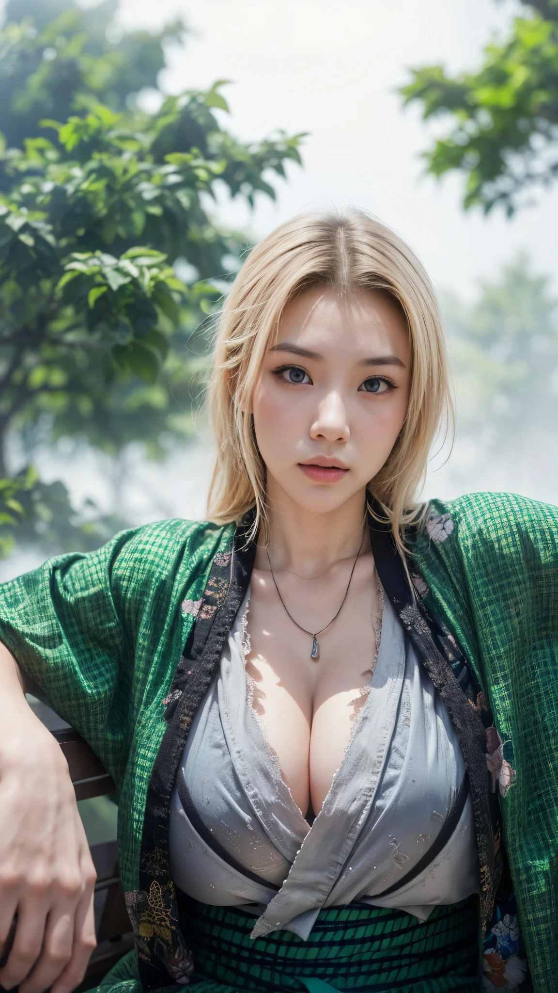 Photorealistic, (half body:1.3, exposed face), low angle, (seen from below:1.1), in frame, a japanese young woman, ((green yukata:1.3, exposed her cleavage:1.2)), (tsunade senju likeness:1.5), a hyperrealistic beautiful young girls, symmetrically detailed grayish blue eyes, detailed face feature, (long flowing blond hair:1.3), (natural droopy breast with soft and smooth skin), high detailed official artwork, beautiful girls with slim fit body and busty posture, long legs, attractive young woman, (atractive poses:1.3, hold the breast up), at bench in the (natural foggy forest:1.2), surrounded by snow, natural background, dubnitskiy david fanart, realistic portrait, smooth photorealistic, perfect visual of a cute girls, cute girls with skinice soft face, face focus, makoto shinkai and artgerm, photon mapping, natural light, warm color tones, vivid colors, cool ambient, foggy atmosphere