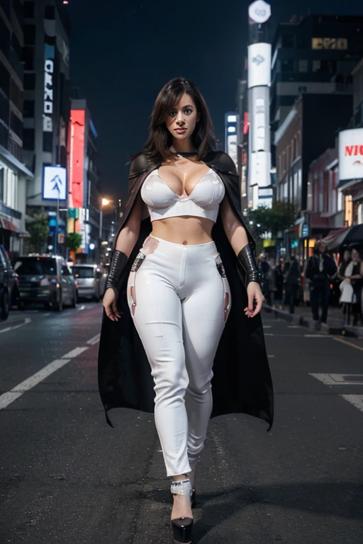 1GIRL, SOLO, (ssmile, makeup, beautifull eyes, red libs), (HUGE FAKE BOOBS:1.3), (GUARD ARM), (black, white, FUTURISTIC MECHANICAL CROP TOP, ROYAL CAPE, CLEAVAGE, SKINTIGHT MECHANICAL PANTS, HIGH HEELS:1.4), (NSFW MUSCULAR BODY, SEXY LONG LEGS, FULL BODY:1.3), (LOOKING AT VIEWER:1), (WALKING DOWN ON STREET NIGHT CITY:1.3), PHYSICALLY-BASED RENDERING, ULTRA HIGHT DEFINITION, 8K, 1080P.