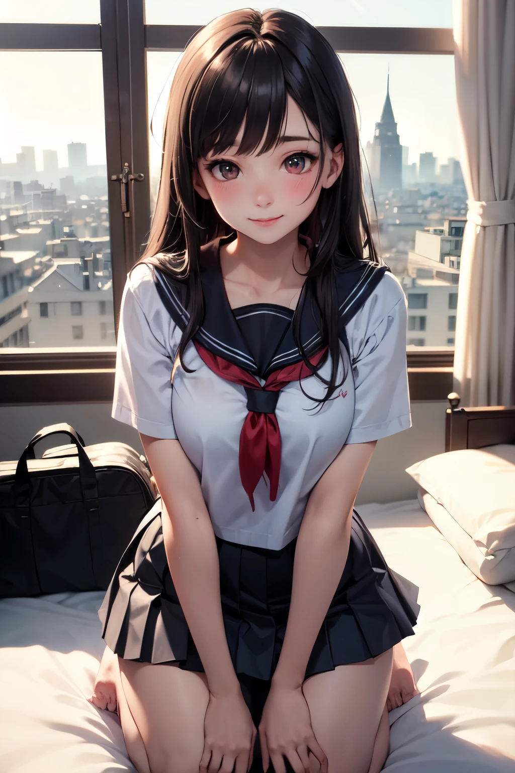 very cute and beautiful girl,(highly detailed beautiful face and eyes), (smile:1.2),blush,embarrassed,looking at viewer,black hair,serafuku,short sleeve,pleated navyblue mini skirt, kneeling on bed sheet,school bag,pouch,antique hotel bedroom,window,distant town view, (best quality,masterpiece),absurdres,highres,ultra-detailed,extremely detailed,32k,8k resolution, intricate details,cinematic scene,detailed background,solo,dynamic angle,