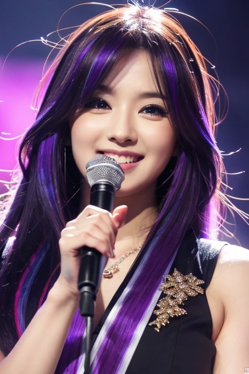 (best quality:1.4, masterpiece, 4k, details), Hoshino Ai, long hair, purple hair, streaked hair ,purple eyes, star-shaped pupils, hair ornament, on stage, smile, right hand pointing at camera, one eye closed, holding a mic with the left hand,close up shot, extremely detailed eyes, glowing eyes, highest quality digital art, Stunning art, wallpaper 4k