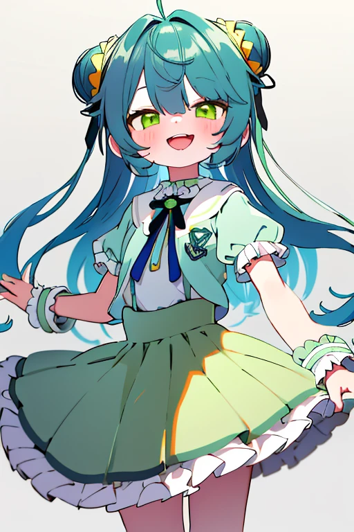 with your hair down２It is made into a bun.　Green thin ribbon　White frilly shirt and yellow-green long skirt　cute羽　cute　girl　１people　Hair color is light yellow-green　Green eyes　１people　laughing