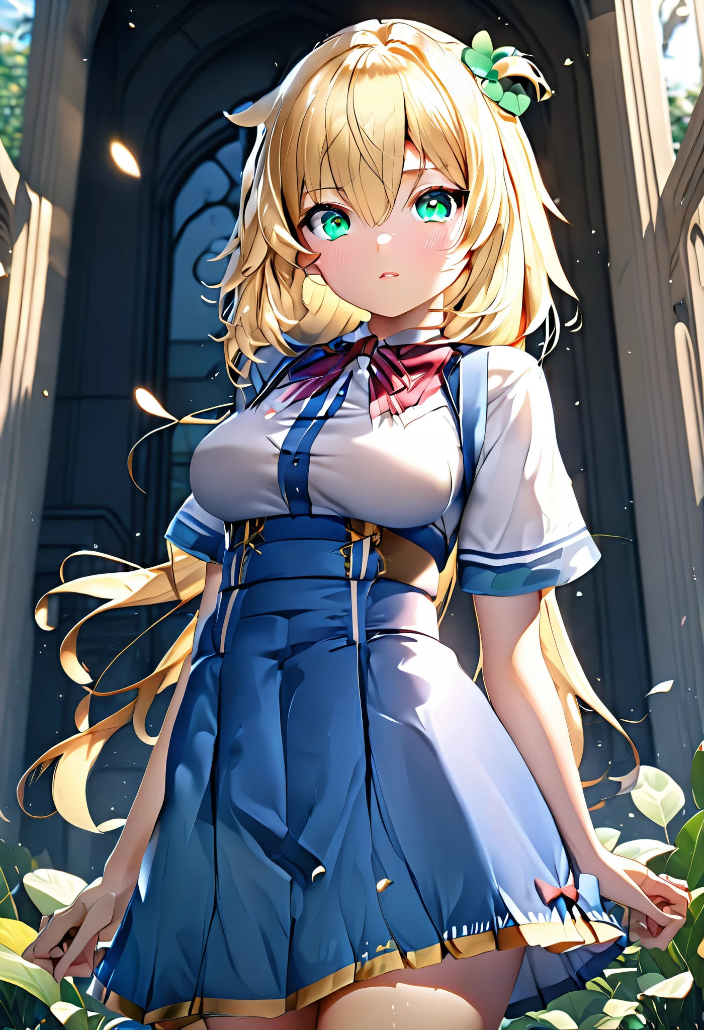 (((Highest quality ultra detailed,Unity 8k))),,emerald eye,Posing,blonde hair,blue skirt,akaihaato