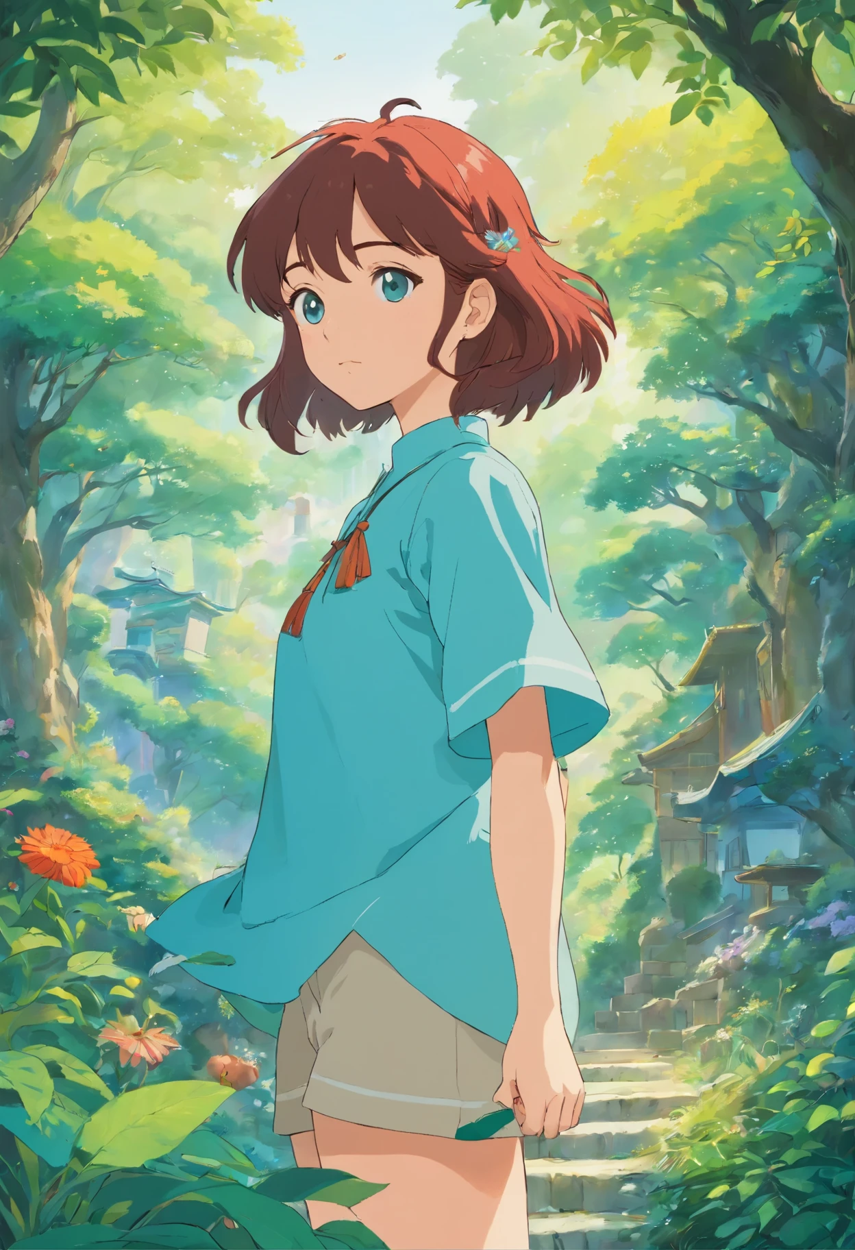 uma garota usando uma coleira de anime, um longo colar e brincos, no estilo de paisagens de jardim tranquilas, colorful animation photos, Masami Teraoka, aquamarine, paul gauguin, Estilo Embry, Retrato honesto