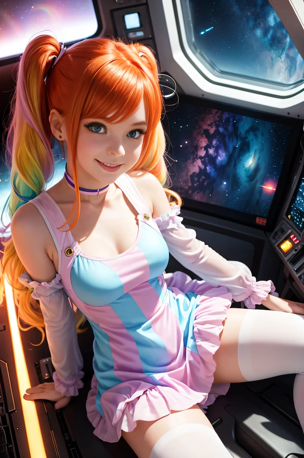 (overhead view) Cute redhead with rainbow colored hair tips, ribbons in her hair, 18-year-old woman, happy, smiling, in twin tails, perfect eyes, clear sparkling blue eyes, pale skin, silky smooth white skin, alabaster skin, flying a fancy metal luxurious space ship, futuristic cockpit, she's a pilot, outer space seen in windows, dark warm lighting, wearing a futuristic dress, low cut top, pleated (chemise) mini dress (pastel rainbow colors, and polka dots), puffy sleeves silk, wearing colorful leggings/tights.