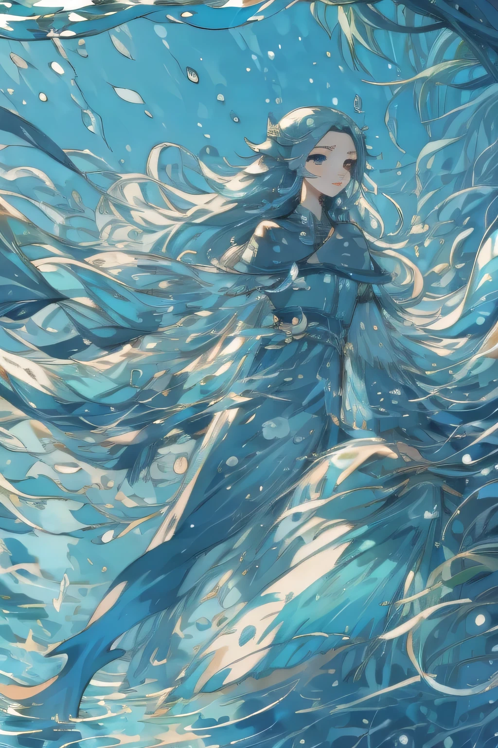 ((best quality)), ((masterpiece)), (detailed), A beautiful long-haired female water elf with a perfect face casts spells in the water and plays with dolphins
