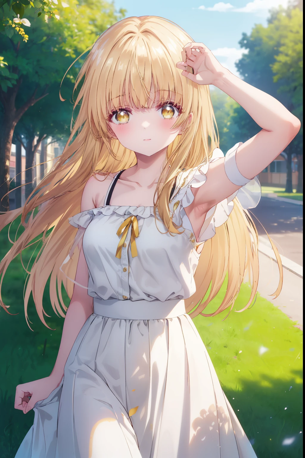 mahirushiina, Mahiru shiina, bangs, Blonde, Brown Hair, (Yellow Eyes:1.3)Straight long hair,,blush,smile,Bare neck,bare clavicle,Exposing shoulders,Short sleeve、Black long skirt,:Carrying 1 on your shoulders,Daytime,Outdoors with arms raised to show armpits,city,
looking at viewer,Delete from top,whole body, (Cowboy Shot:1.5),
break (masterpiece:1.2), highest quality, High resolution, unity 8k wallpaper, (shape:0.8), (Fine and beautiful eyes:1.6), Highly detailed face, Perfect lighting, Highly detailed CG, (Perfect hands, Perfect Anatomy),