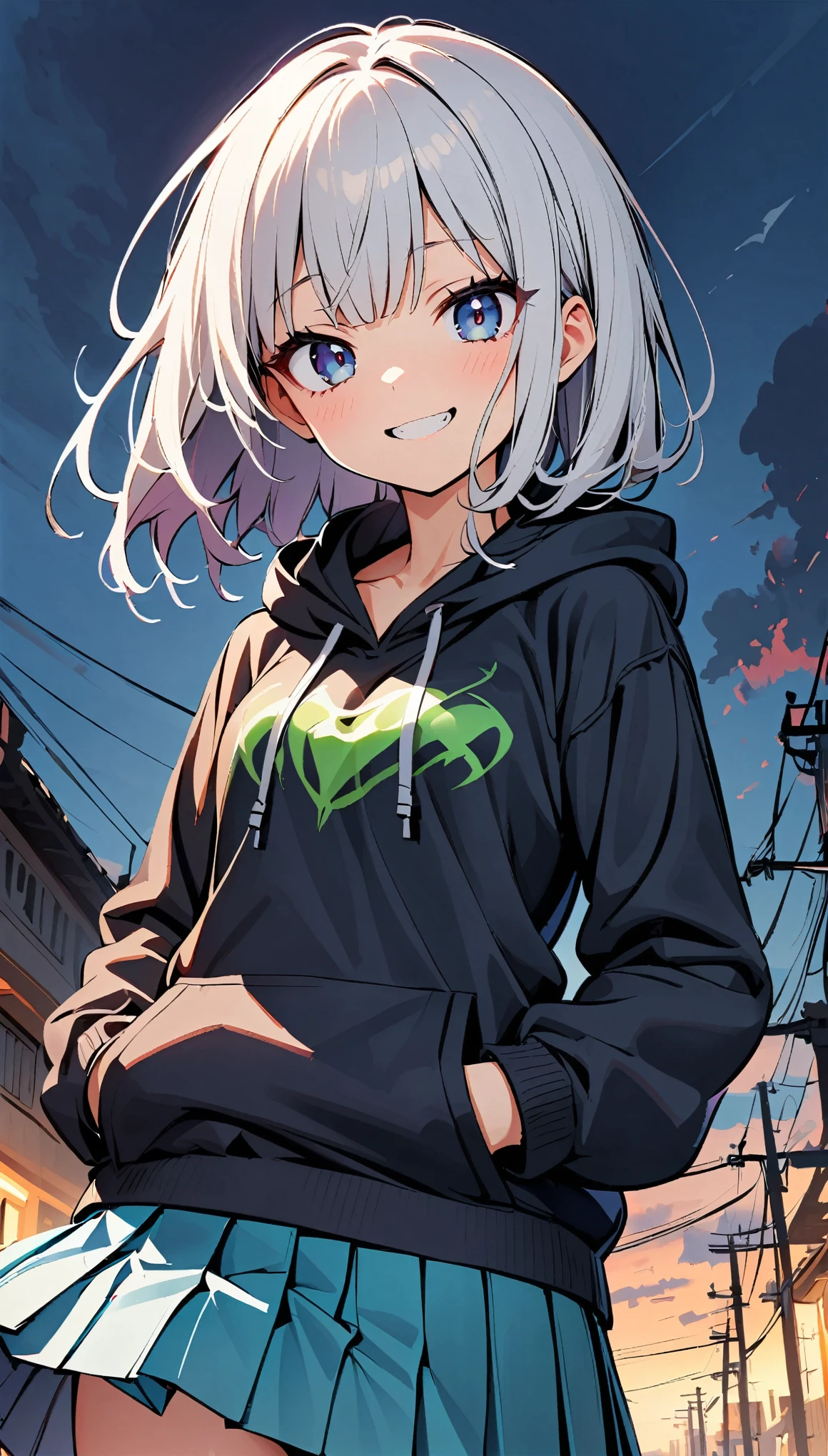 One girl, alone, Big eyes, Wicked Smile,hoodie, Pleated skirt, JK,