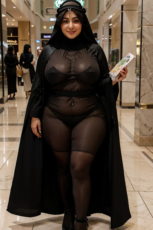 Beautiful thicc saudi milf. Wearing see through abaya. Standing in mall. Thicc thighs. Full body. Smile