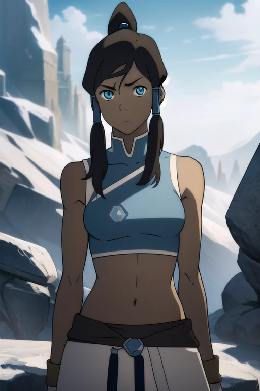 avatarkorra, korra, long hair, black hair, ponytail, dark skin, dark-skinned female, topknot, midriff, navel, crop top, (underboob), sleeveless, bare arms,
BREAK ,
BREAK looking at viewer,
BREAK outdoors, snow,
BREAK (masterpiece:1.2), best quality, high resolution, unity 8k wallpaper, (illustration:0.8), (beautiful detailed eyes:1.6), extremely detailed face, perfect lighting, extremely detailed CG, (perfect hands, perfect anatomy),