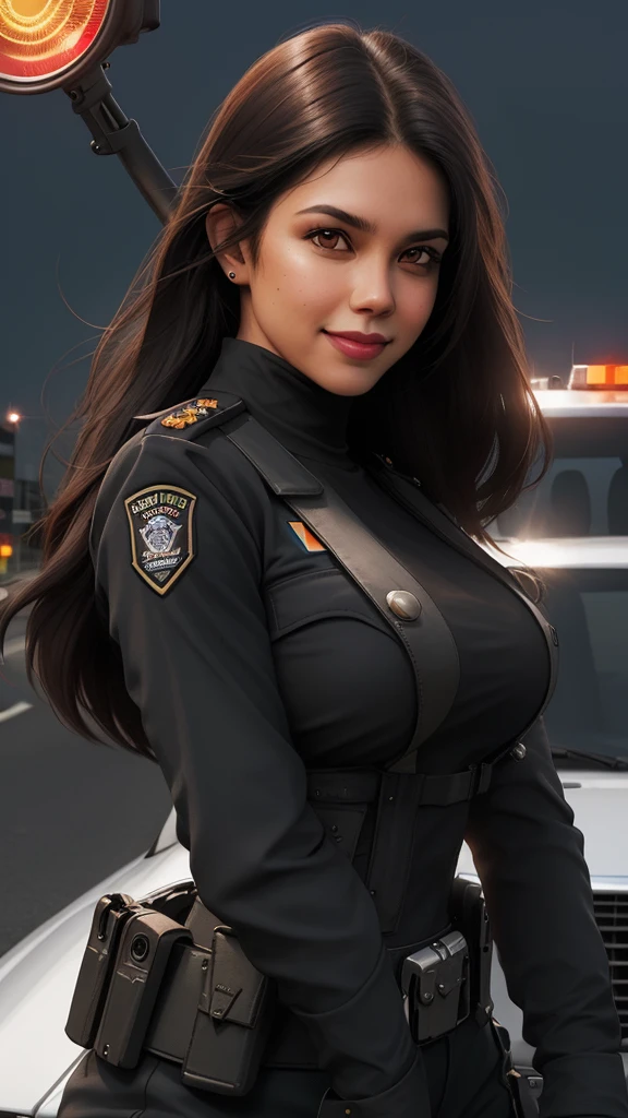 ultra-realistic realism, Indonesian Female POLICE, Affectionate smile, close-up facial view, Long black hair fills the light, Facial highlights, red lights and crossroads,on a busy highway, rios, Fighting posture (high light), ( Real Human) Natural realism, in beautiful scenes, extra large breasts, brown police uniform, fills your face with light, large breasts with a medium waist, several large helicopters, warships, armored cars, tanks, etc.